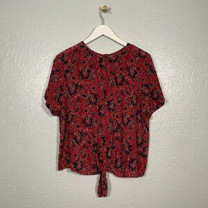 Madewell Women L Red Blue Paisley Blouse Silk Tie Front Short Sleeve Button Up